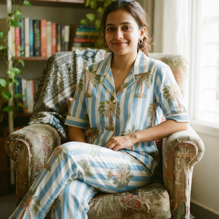Women's Blue Stripes Tropical Half Sleeve Pyjama Set