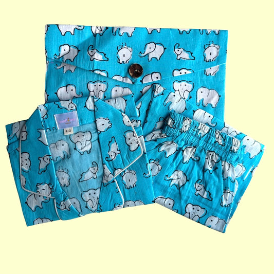 Kids Blue Elephant Half Sleeve Pyjama Set