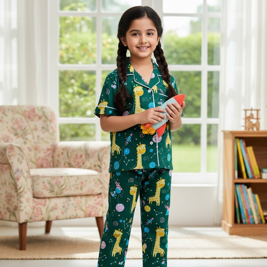 Kids Green Space Giraffe Half Sleeve Pyjama Set
