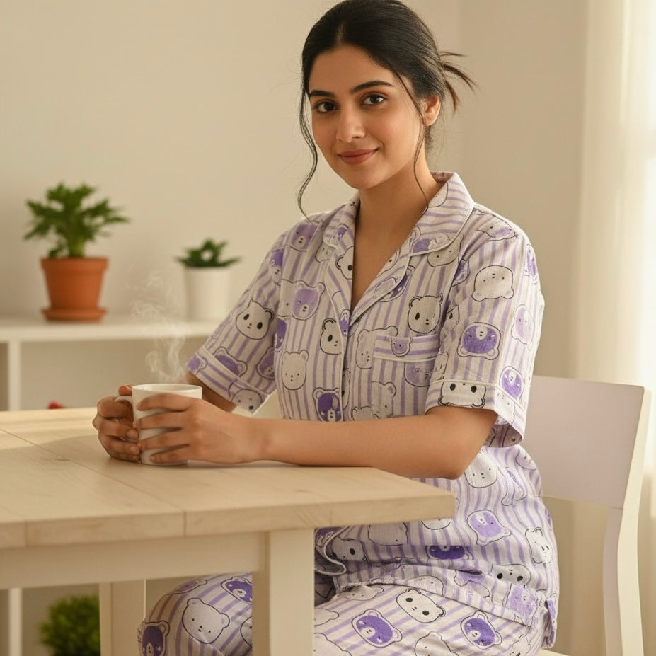 Women's K Teddy Purple Half Sleeve Pyjama Set