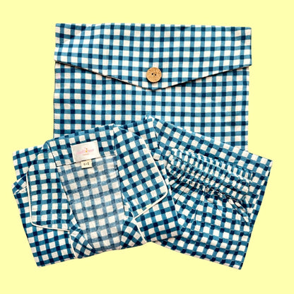 Kids Blue Checks Half Sleeve Pyjama Set