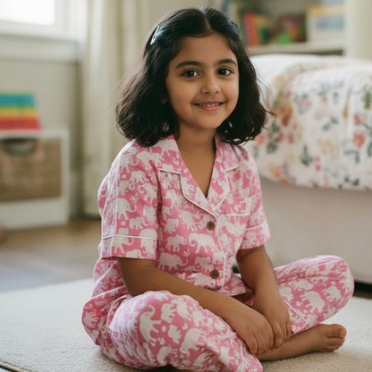 Kids Pink Elephant Half Sleeve Pyjama Set