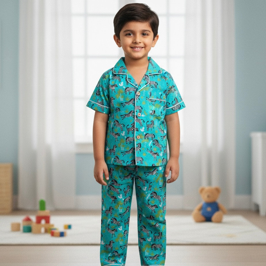 Kids Turquoise Zebra Half Sleeve Pyjama Set