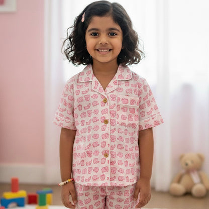 Kids Pink Baby Elephant Half Sleeve Pyjama Set