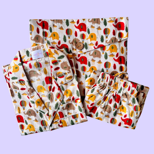 Kids Red Elephant & Hot Air Balloon Half Sleeve Pyjama Set