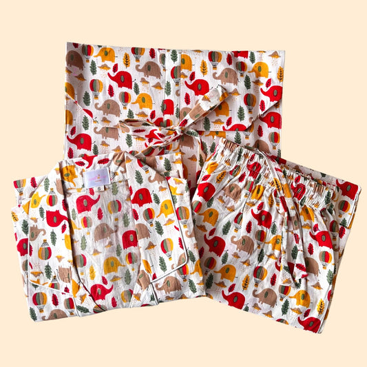 Women’s Red Elephant & Hot Air Balloon Half Sleeve Pyjama Set