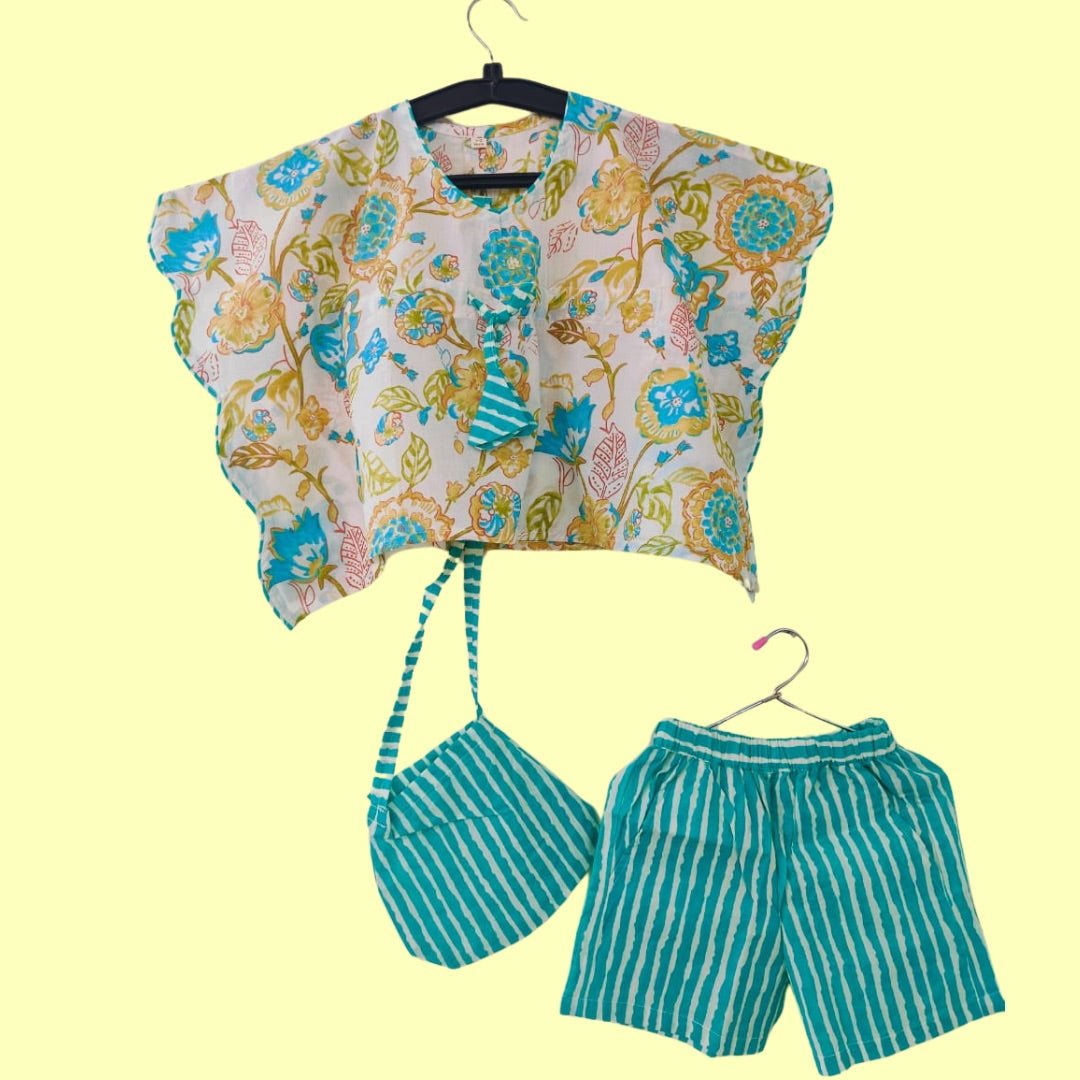 Aqua Blue Floret Kaftan with Shorts Set