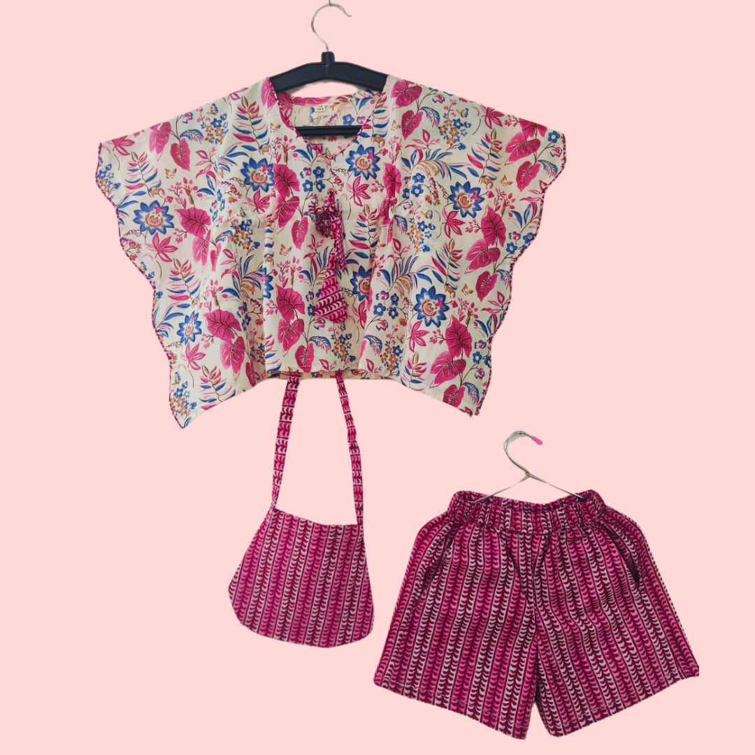Dark Pink Floret Kaftan with Shorts Set