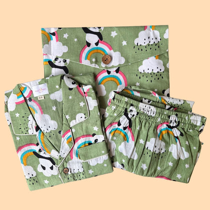 Kids Green Panda Half Sleeve Pyjama Set