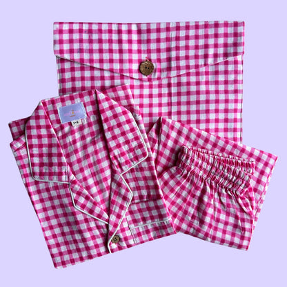 Kids Pink Checks Half Sleeve Pyjama Set