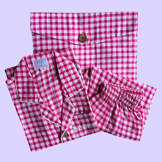 Women's Pink Checks Half Sleeve Pyjama Set