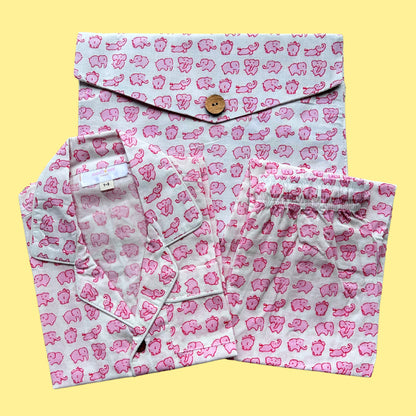 Kids Pink Baby Elephant Half Sleeve Pyjama Set