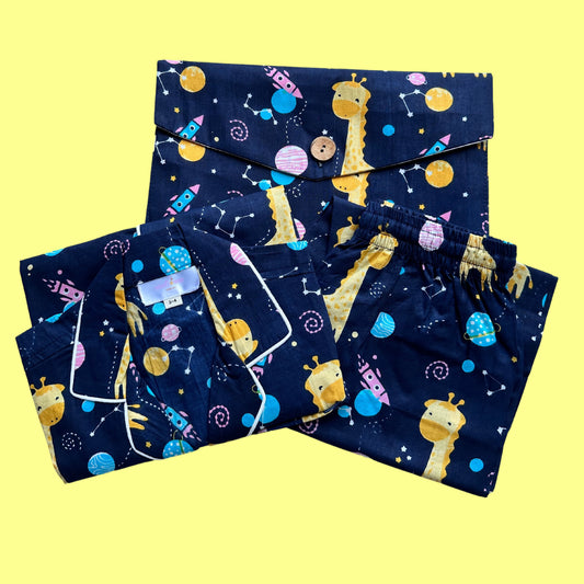 Kids Blue Space Giraffe Half Sleeve Pyjama Set