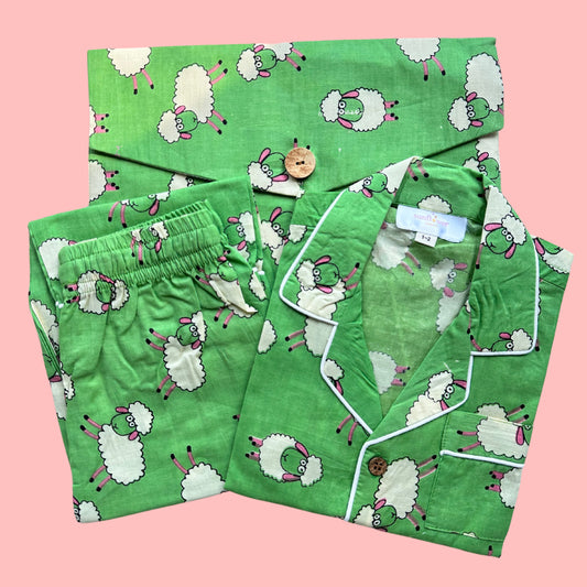 Kids Green Sheep Half Sleeve Pyjama Set