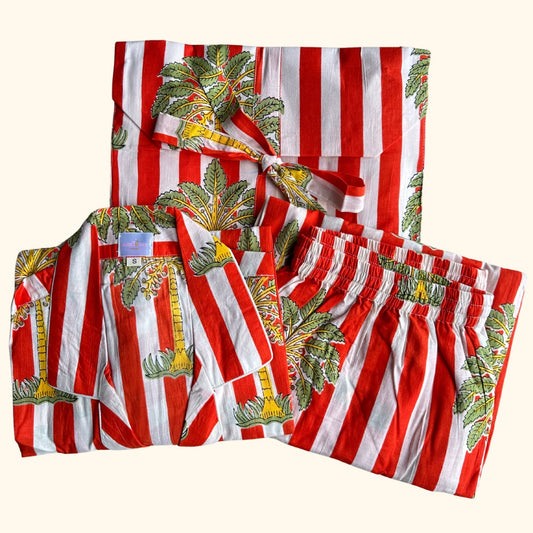 Women's Red Stripes Tropical Half Sleeve Pyjama Set