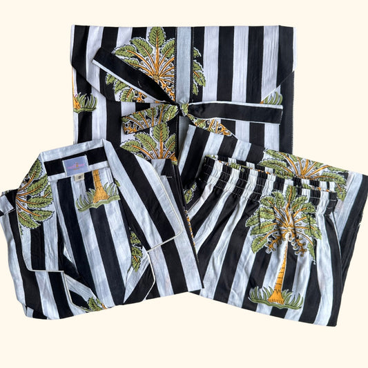 Women's Black Stripes Tropical Half Sleeve Pyjama Set
