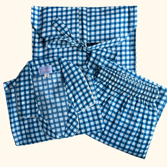 Women's Blue Checks Half Sleeve Pyjama Set