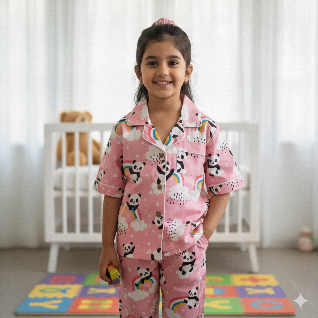Kids Pink Panda Half Sleeve Pyjama Set