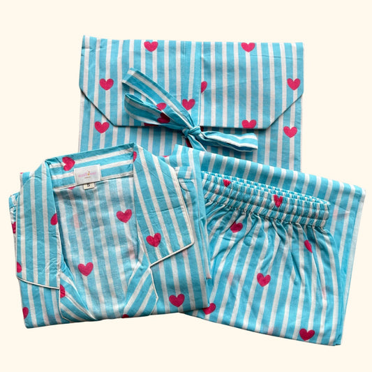 Women's Blue Stripes Heart Half Sleeve Pyjama Set