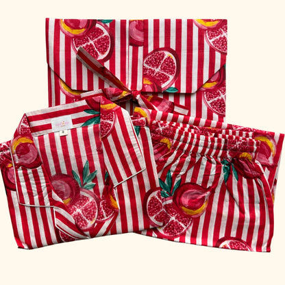 Women’s Red Stripe Pomegranate Half Sleeve Pyjama Set