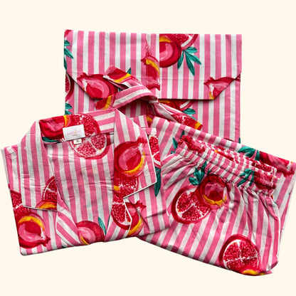 Women’s Pink Stripe Pomegranate Half Sleeve Pyjama Set