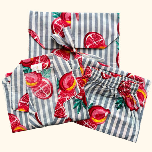 Women’s Grey Stripe Pomegranate Half Sleeve Pyjama Set