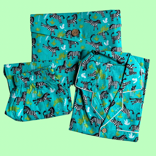 Kids Turquoise Zebra Half Sleeve Pyjama Set
