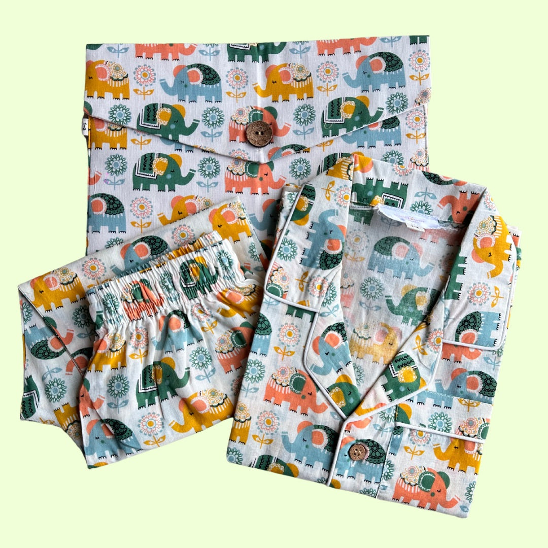 Kids Orange Elephant Half Sleeve Pyjama Set