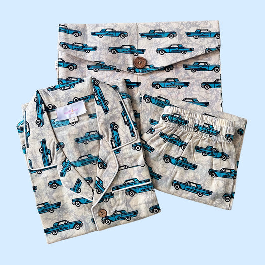Kids Blue Car Half Sleeve Pyjama Set