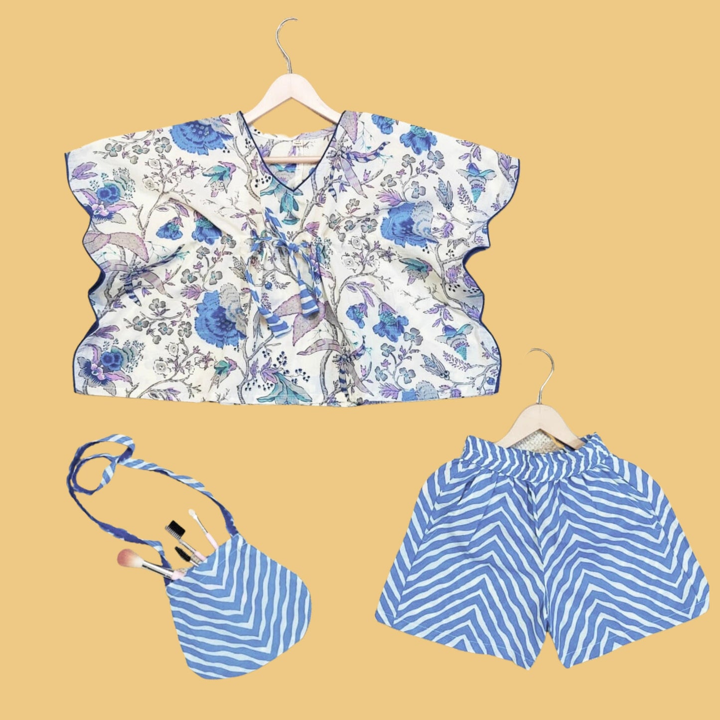 Blue Floret Kaftan with Shorts Set