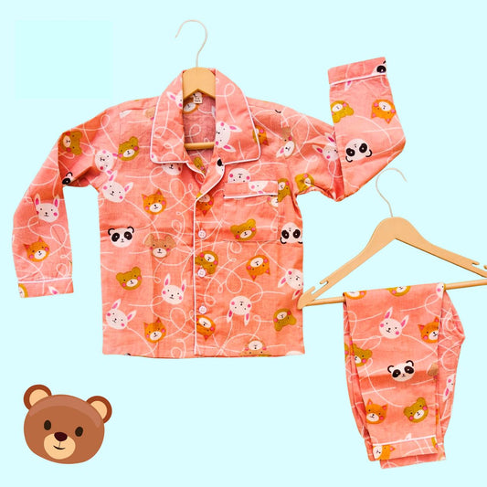 Regular Peach Teddy & Panda Full Sleeve Pyjama Set