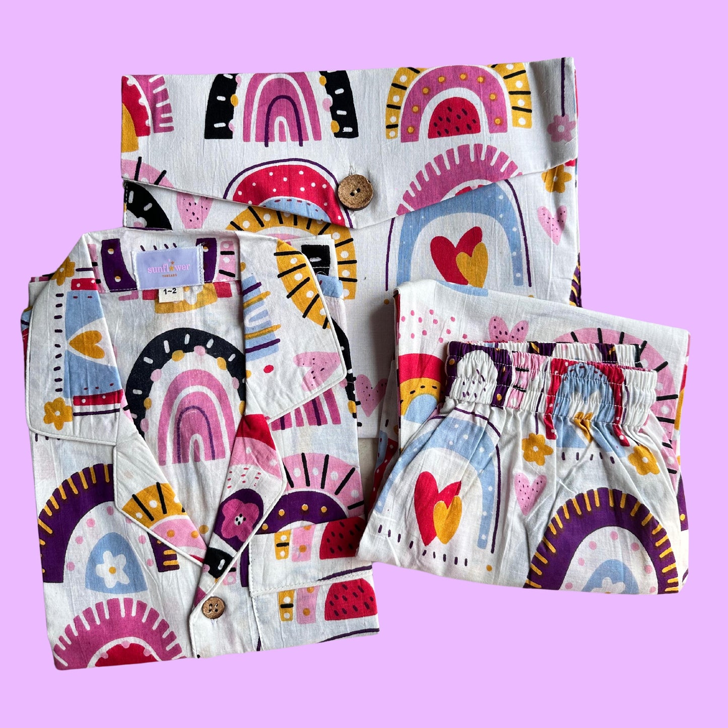 Kids White Rainbow Half Sleeve Pyjama Set