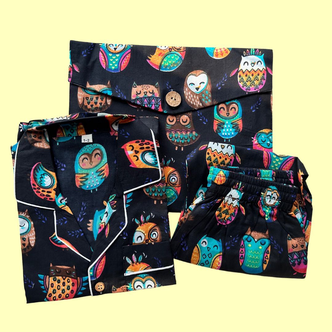 Kids Black Owl Half Sleeve Pyjama Set